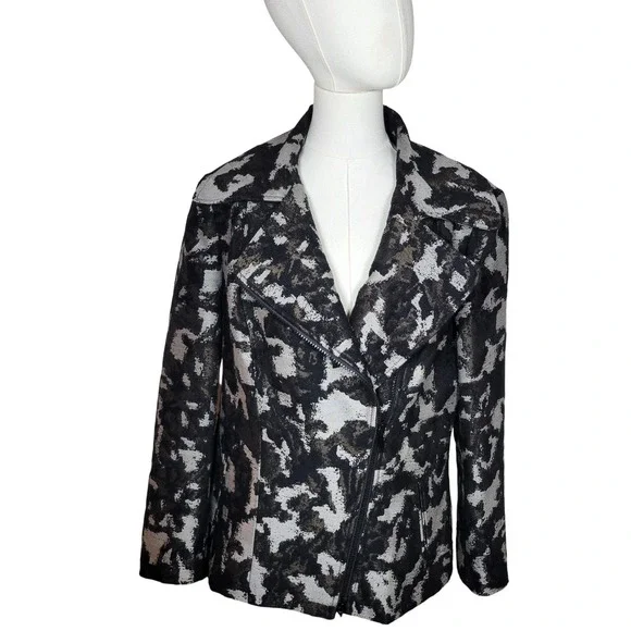 Lafayette 148 New York Camo Moto Jacket Blazer Size 12 Wool Blend Textured Work - Picture 2 of 8